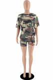 Army Green Casual Camouflage Print Letter O Neck Short Sleeve Two Pieces