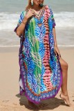Turquoise Casual Print Patchwork Slit V Neck Beach Dress Dresses