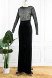 Blue Sexy Solid Patchwork See-through Hot Drill O Neck Straight Jumpsuits