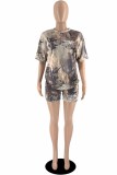 Camouflage Casual Camouflage Print Letter O Neck Short Sleeve Two Pieces