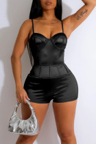Black Sexy Solid Patchwork Spaghetti Strap Skinny Rompers