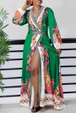 Red Casual Print Patchwork Slit V Neck Long Sleeve Dresses