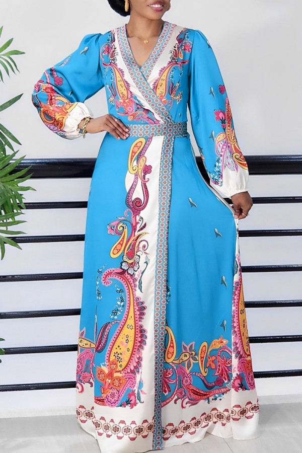 Sky Blue Casual Print Patchwork Slit V Neck Long Sleeve Dresses