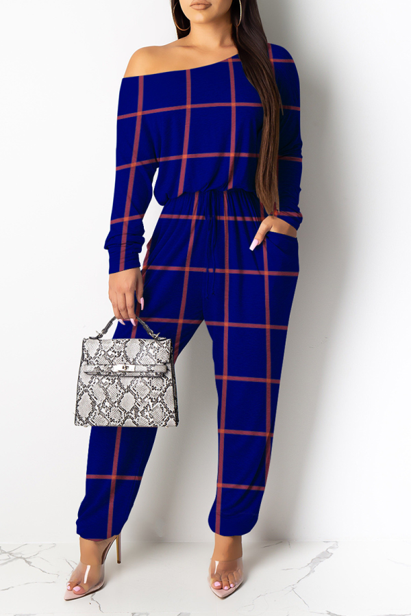 Dark Blue Casual Print Leopard Patchwork One Shoulder Harlan Jumpsuits