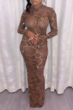 Brown Sexy Patchwork Hot Drilling See-through Half A Turtleneck Long Sleeve Dresses