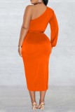 Orange Casual Solid Patchwork Backless Oblique Collar Irregular Dress Dresses