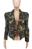 Army Green Casual Print Patchwork Buttons Turn-back Collar Outerwear