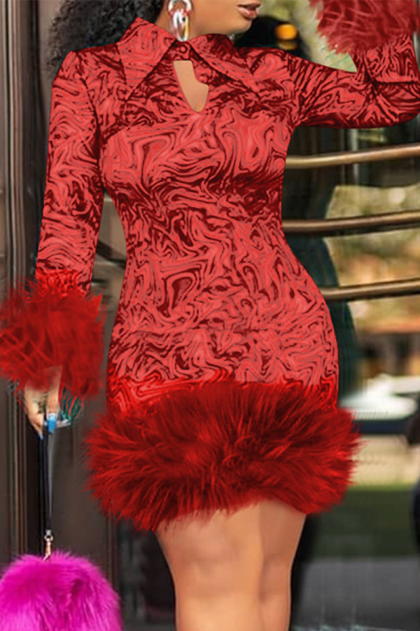 Red Party Print Feathers Turndown Collar Pencil Skirt Dresses