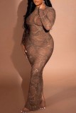 Brown Sexy Patchwork Hot Drilling See-through Half A Turtleneck Long Sleeve Dresses
