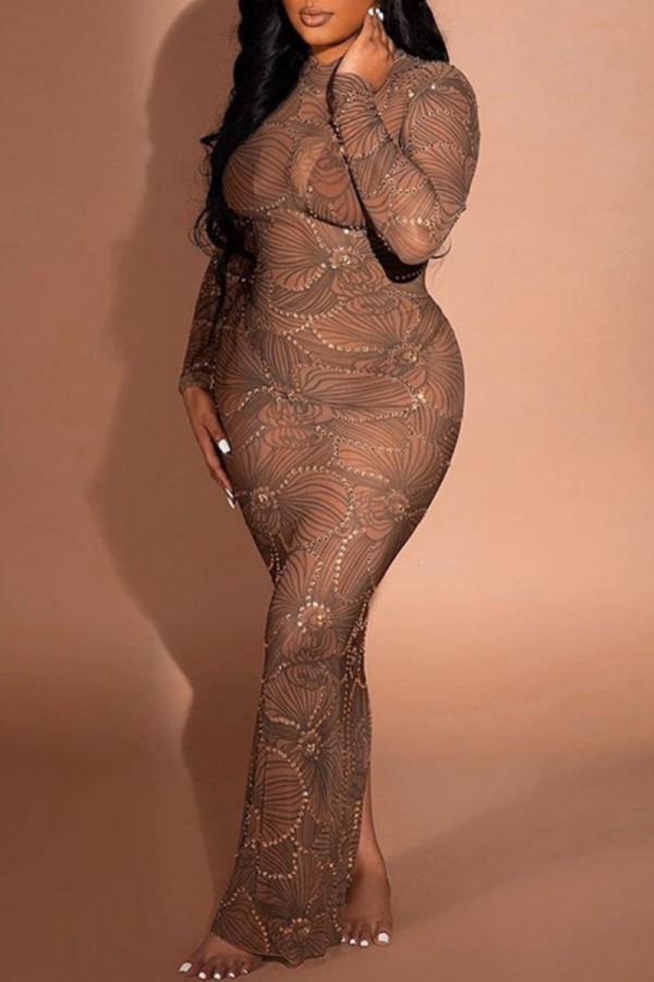 Brown Sexy Patchwork Hot Drilling See-through Half A Turtleneck Long Sleeve Dresses