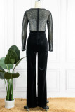Blue Sexy Solid Patchwork See-through Hot Drill O Neck Straight Jumpsuits