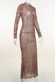 Brown Sexy Patchwork Hot Drilling See-through Half A Turtleneck Long Sleeve Dresses
