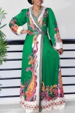Red Casual Print Patchwork Slit V Neck Long Sleeve Dresses