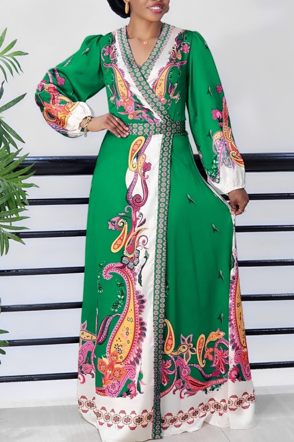 Green Casual Print Patchwork Slit V Neck Long Sleeve Dresses