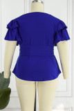 Colorful Blue Casual Solid Patchwork V Neck Plus Size Tops