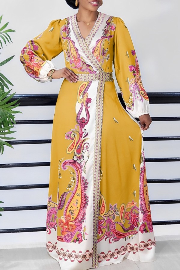 Yellow Casual Print Patchwork Slit V Neck Long Sleeve Dresses