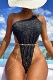 Black Sexy Solid Patchwork Chains Backless Swimwears