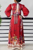 Red Casual Print Patchwork Slit V Neck Long Sleeve Dresses