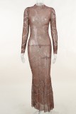 Brown Sexy Patchwork Hot Drilling See-through Half A Turtleneck Long Sleeve Dresses