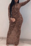 Brown Sexy Patchwork Hot Drilling See-through Half A Turtleneck Long Sleeve Dresses