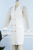 White Elegant Print Polka Dot Patchwork Buttons Turn-back Collar Straight Dresses