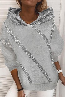 Grey Casual Patchwork Basic Hooded Collar Tops