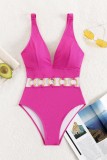 Rose Red Sexy Solid Hollowed Out Patchwork Backless Swimwears (With Paddings)