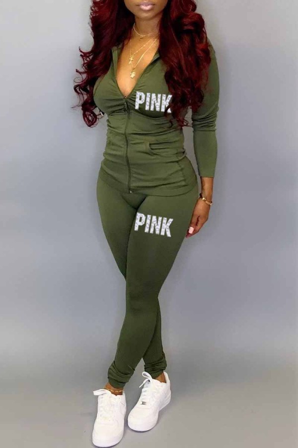 Army Green Casual Print Letter Hooded Collar Long Sleeve Two Pieces