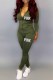 Army Green Casual Print Letter Hooded Collar Long Sleeve Two Pieces