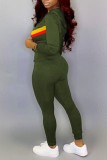 Green Casual Striped Patchwork Contrast Hooded Collar Long Sleeve Two Pieces