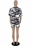 Black And White Casual Camouflage Print Letter O Neck Short Sleeve Two Pieces
