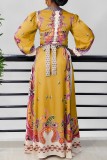 Red Casual Print Patchwork Slit V Neck Long Sleeve Dresses