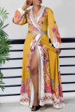 Red Casual Print Patchwork Slit V Neck Long Sleeve Dresses