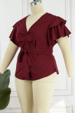 Rose Red Casual Solid Patchwork V Neck Plus Size Tops