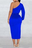 Blue Casual Solid Patchwork Backless Oblique Collar Irregular Dress Dresses