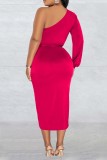 Rose Red Casual Solid Patchwork Backless Oblique Collar Irregular Dress Dresses