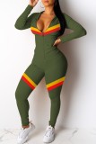 Green Casual Striped Patchwork Contrast Hooded Collar Long Sleeve Two Pieces