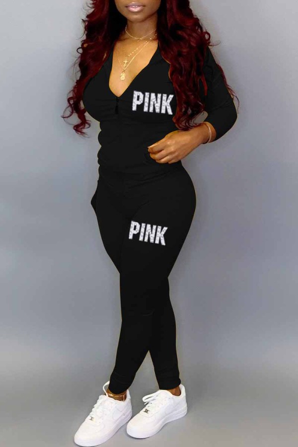 Black Casual Print Letter Hooded Collar Long Sleeve Two Pieces