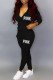 Black Casual Print Letter Hooded Collar Long Sleeve Two Pieces