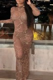 Brown Sexy Patchwork Hot Drilling See-through Half A Turtleneck Long Sleeve Dresses