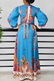 Red Casual Print Patchwork Slit V Neck Long Sleeve Dresses