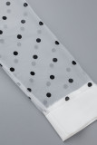 White Elegant Print Polka Dot Patchwork Buttons Turn-back Collar Straight Dresses