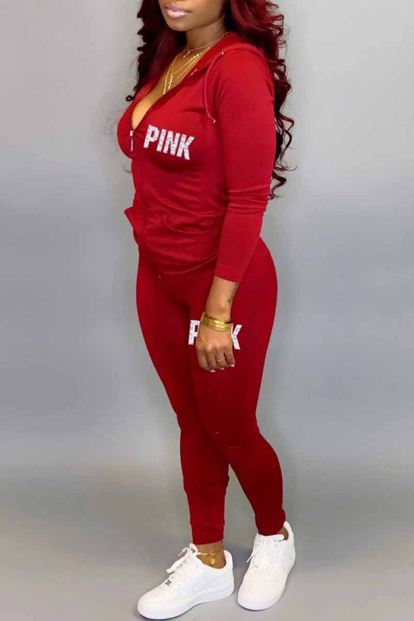 Red Casual Print Letter Hooded Collar Long Sleeve Two Pieces