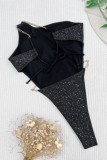 Black Sexy Solid Patchwork Chains Backless Swimwears