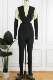 Black Sexy Solid Hollowed Out Patchwork V Neck Skinny Jumpsuits