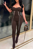 Coffee Sexy Solid Patchwork Strapless Skinny Jumpsuits
