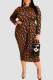 Brown Casual Print Patchwork Zipper Collar One Step Skirt Plus Size Dresses