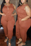 Wine Red Fashion Casual O Neck Sleeveless Spaghetti Strap Solid Plus Size Jumpsuit