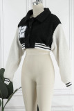 Black Casual Sportswear Solid Patchwork Buckle Patch Turndown Collar Outerwear