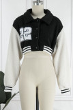 Black Casual Sportswear Solid Patchwork Buckle Patch Turndown Collar Outerwear